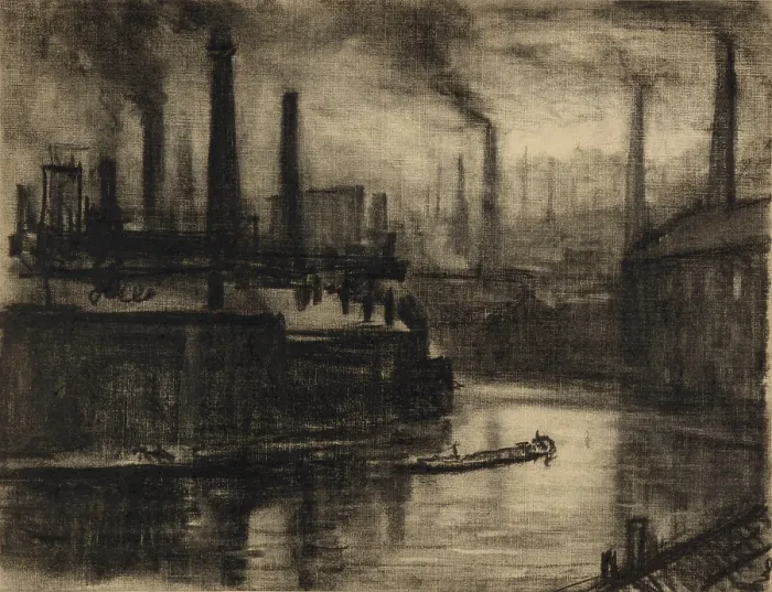 Framed Print : East London, England, in a view across a river running through factory district with smokestacks belching black smoke. By Joseph Pennell, 1908