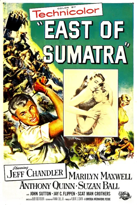 Framed Print : EAST OF SUMATRA, US poster, from left: Jeff Chandler, Suzan Ball, Anthony Quinn, Marilyn Maxwell, 1953
