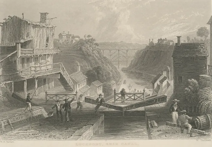 Framed Print : A eastward bound canal boat waiting to enter the highest of the five locks at Lockport, on the Erie Canal, to descend 50 feet, in Lockport, New York, 1825 (BSLOC_2019_7_103)