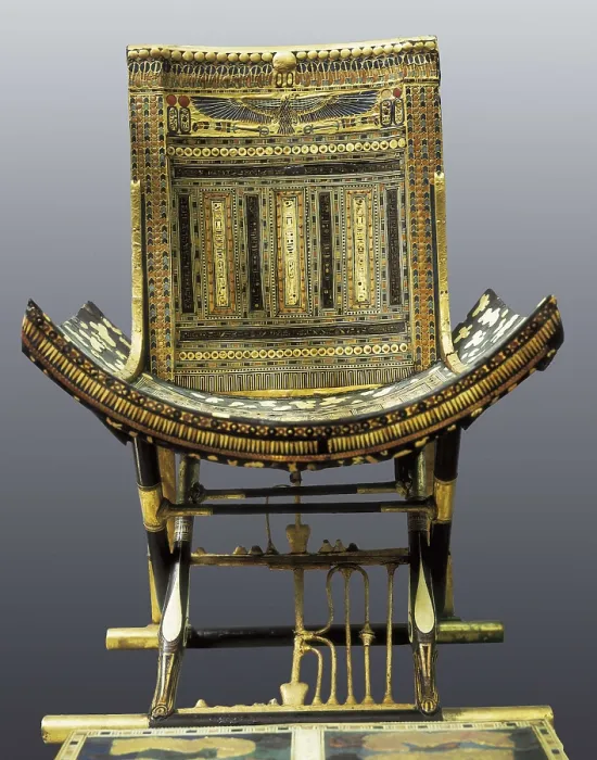 Framed Print : Ecclesiastical chair. 1333 BC. Inlaid ebony wood with ivory and glass. Egyptian art. New Kingdom. Furniture. EGYPT. Cairo. Egyptian Museum. Proc: EGYPT. Dayr al-Bahri