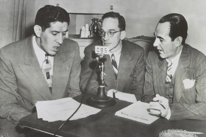Framed Print : Economist's Robert Nathan and Dr. Ralph Robey (right), debate economic policy on CBS News Radio. Jan. 5, 1947