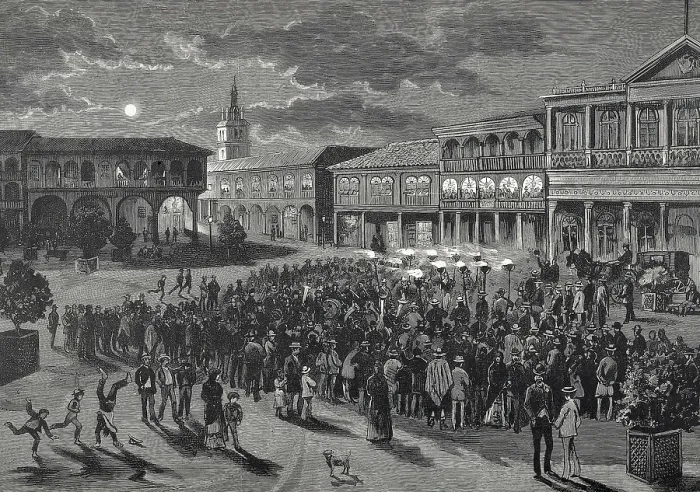 Framed Print : Ecuador (4th August 1884). Guayaquil. Serenade at the Bolvar Square in front the hotel of the same name. Etching. AISA / Everett Collection**US SALES ONLY**