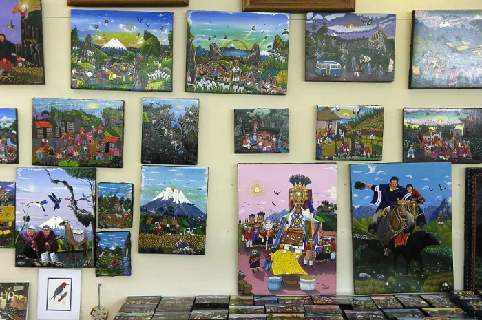 Framed Print : ECUADOR. COTOPAXI. Avenue of the Volcanoes. Quilotoa loop. Naf painting by the family Toaquiza (Tigua paintings). Rafa Prez / AISA / Everett Collection (188681)**US SALES ONLY**
