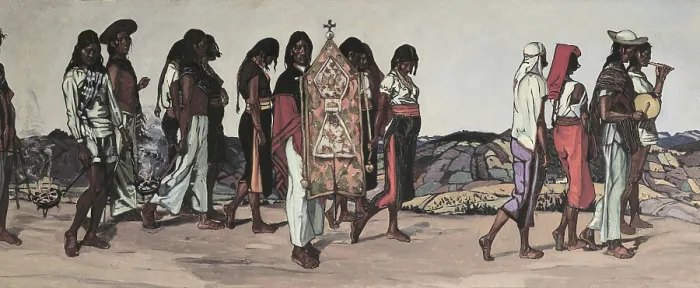Framed Print : Ecuador. Indigenous painting. Procession. ECUADOR. Quito. Library of the Museum Jacinto Jijn y Caamao of Archaeology and Colonial Art