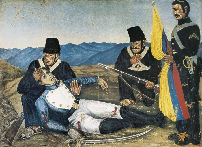 Framed Print : Ecuador. Process of Independence (1822). Battle of Pichincha. Death of Abdn Caldern. Anonymous painting. Oil on canvas. ECUADOR. Quito. Eloy Alfaro Military School