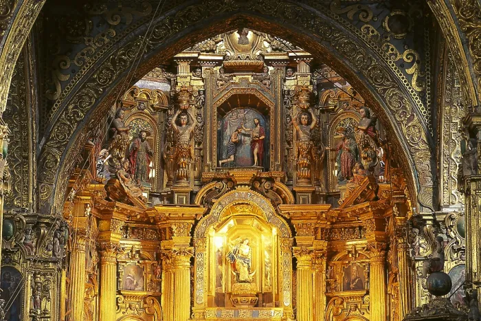 Framed Print : ECUADOR. Quito. Convent of San Francisco. Main altarpiece, begun by Padre Carlos between 1620 and 1680, and finished by other artists such as Bernardo de Legarda in the 18th c Framed Print : ECUADOR. Quito. Convent of San Francisco. Main altarpiece, begun by Padre Carlos between 1620 and 1680, and finished by other artists such as Bernardo de Legarda in the 18th c
