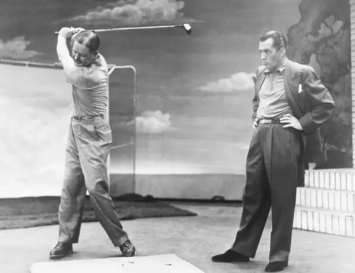 Framed Print : THE ED SULLIVAN SHOW, (aka TALK OF THE TOWN), from left: Byron Nelson (golf pro) demonstrating golf swing, Ed Sullivan, during rehearsal, (circa 1951), 1948-1971