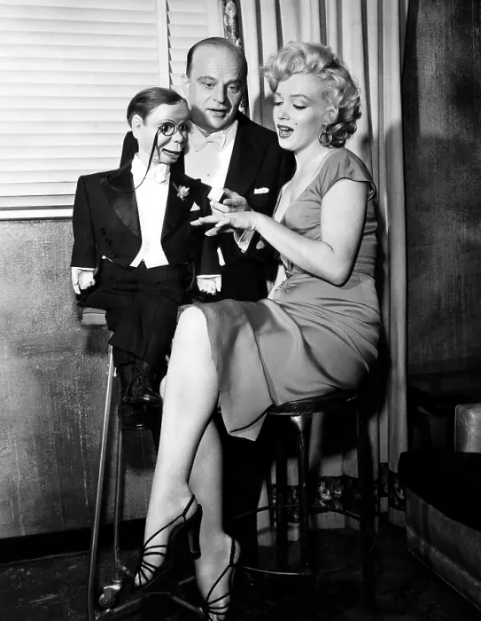 Framed Print : Edgar Bergen (center), and Marilyn Monroe (right), converse with ventriloquist dummy Charlie MaCarthy (left), 1952. Courtesy: CSU Archives / Everett Collection