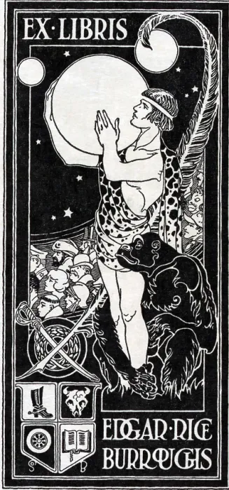 Framed Print : Edgar Rice Burroughs art nouveau bookplate shows Tarzan holding the planet Mars
