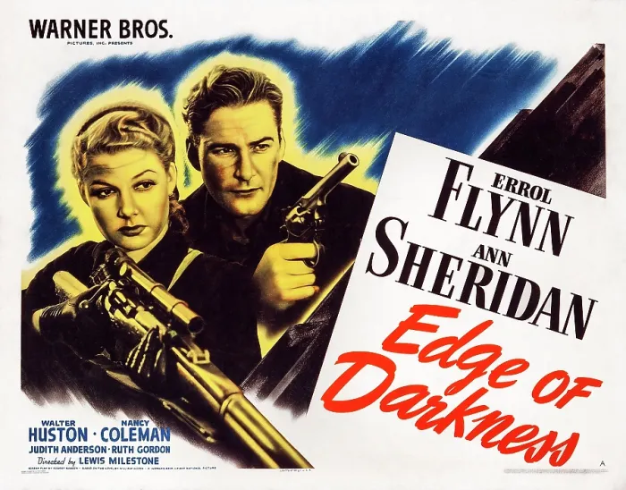 Framed Print : EDGE OF DARKNESS, US poster art, from left: Ann Sheridan, Errol Flynn, 1943