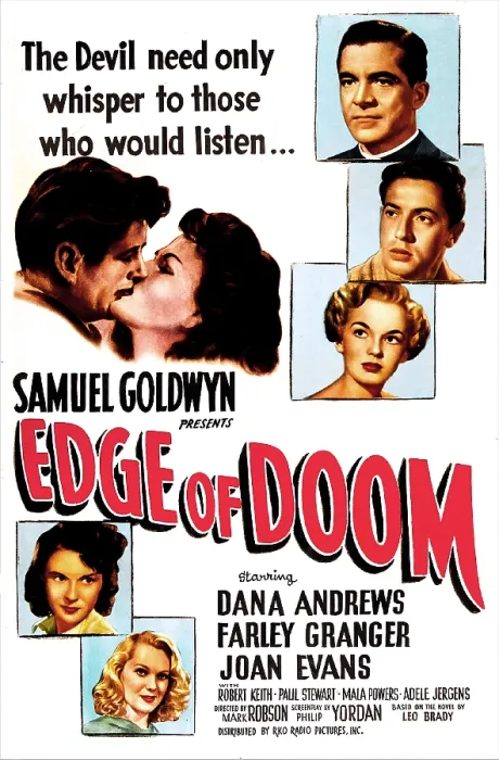 Framed Print : EDGE OF DOOM, US poster, center from left: Mala Powers, Farley Granger, right from top: Dana Andrews, Farley Granger, Joan Evans, Mala Powers, Adele Jergens, 1950