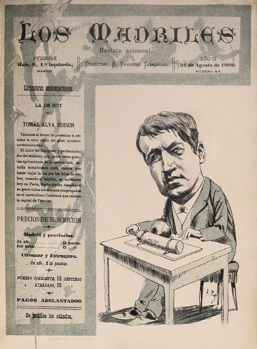 Framed Print : EDISON, Thomas Alva (1847-1931). Caricature of Thomas Edison published in the magazine 'Los Madriles' (August 31, 1889). Engraving