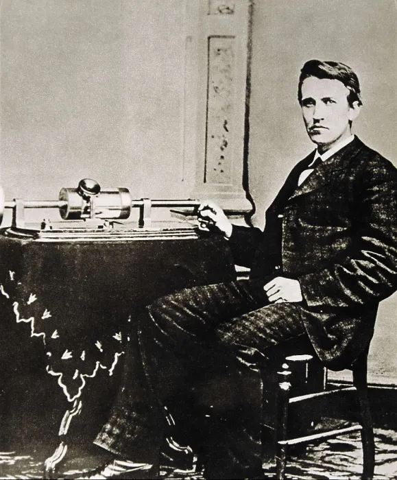 Framed Print : EDISON, Thomas Alva (1847-1931). Thomas Edison and his phonograph (1889). Engraving. AISA / Everett Collection**US SALES ONLY**
