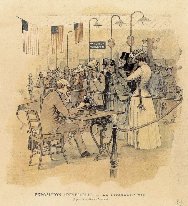 Framed Print : EDISON, Thomas Alva (1847-1931). Launch of the phonograph at the 1889 Paris Universal Exhibition. Engraving. FRANCE. Paris. National Library