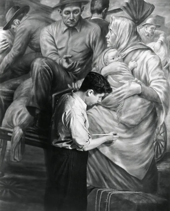 Framed Print : Edward Leaning painting a WPA mural at Ellis Island, ca. 1937. The mural depicts the role of immigrants to the industrial development of America. (BSLOC_2013_7_94)