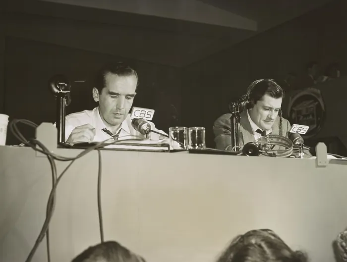 Framed Print : Edward R. Murrow (left) and Eric Sevareid, broadcast the 1948 presidential election returns on CBS radio (BSLOC_2020_2_46)