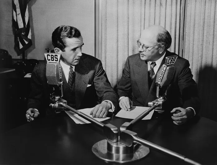Framed Print : Edward R. Murrow (left) and William L. Shirer, seated behind CBS News microphones, ca. 1940 Framed Print : Edward R. Murrow (left) and William L. Shirer, seated behind CBS News microphones, ca. 1940