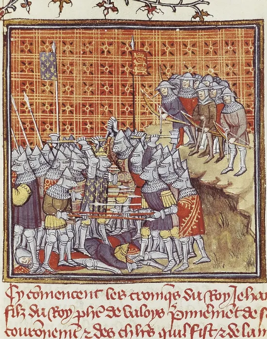 Framed Print : Edward of Woodstock's English army defeating Jean II's French army. Poitiers battle, 1356. Illustration from 'Grandes Chroniques de France' (14th century)