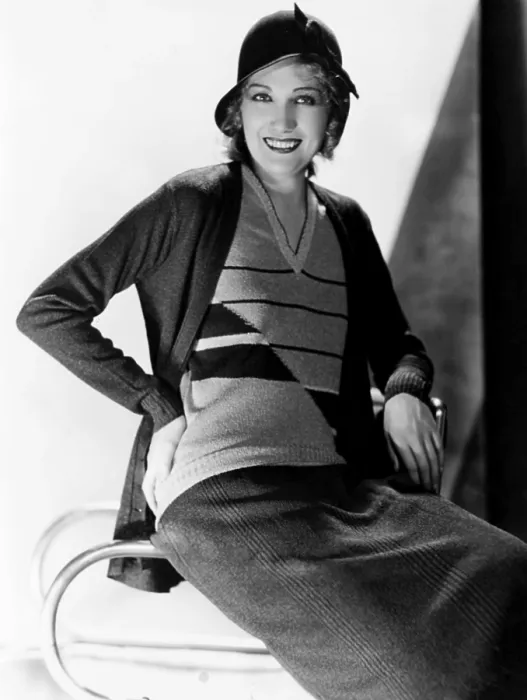 Framed Print : Edwina Booth, modeling a patterned sweater-suit in purple and lavender, 1931 Framed Print : Edwina Booth, modeling a patterned sweater-suit in purple and lavender, 1931
