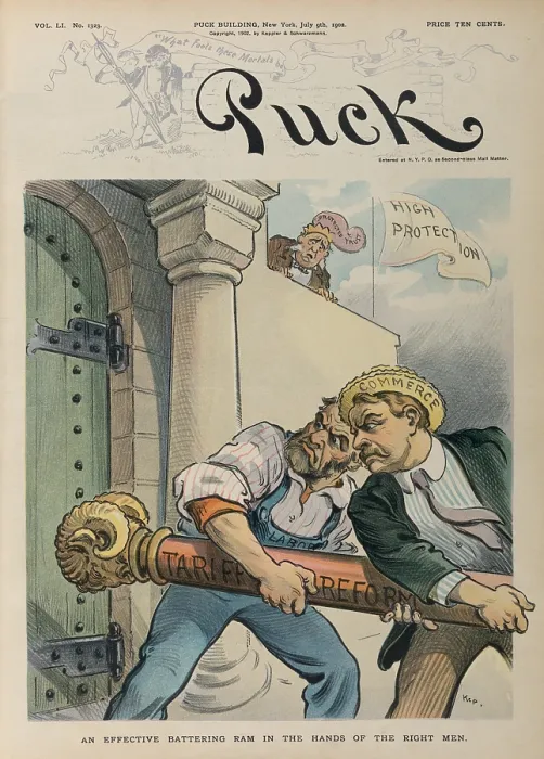Framed Print : AN EFFECTIVE BATTERING RAM IN THE HANDS OF THE RIGHT MEN. Cartoon portrays labor and commerce using a battering ram to breech the wall of high protective tariffs