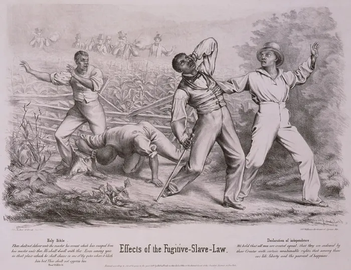 Framed Print : Effects of the Fugitive-Slave-Law. Four black men, possibly fugitive slaves, but also possibly free blacks, are ambushed by a posse of six armed whites in a cornfield