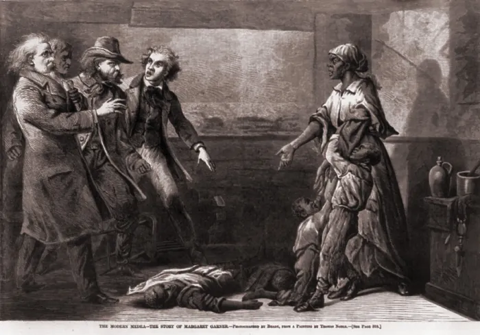 Framed Print : Effects of the Fugitive-Slave-Law. The modern Medea, the tragedy of Margaret Garner. Margaret Garner, an escaped slave, stands with her two sons as slave catchers approach Framed Print : Effects of the Fugitive-Slave-Law. The modern Medea, the tragedy of Margaret Garner. Margaret Garner, an escaped slave, stands with her two sons as slave catchers approach