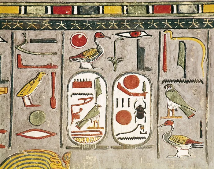 Framed Print : EGYPT. Dayr al-Bahri. Valley of the Kings. Tomb of Horemheb. Hieroglyphs with Pharaoh Horemheb's name. Egyptian art. New Kingdom. Fresco