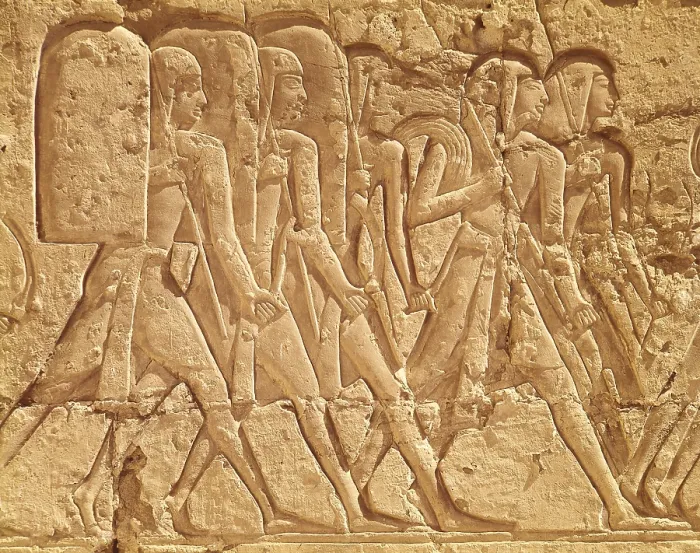 Framed Print : EGYPT. Medinat Habu. Mortuary Temple of Ramesses II. Pharaoh goes hunting with some slaves. Egyptian art. New Kingdom. Relief on rock