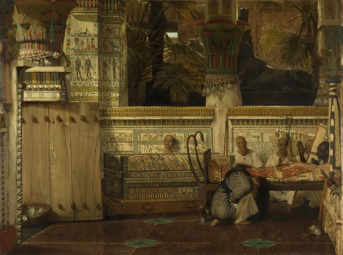 Framed Print : Egyptian Widow, by Lawrence Alma Tadema, 1872, English painting oil on canvas. Woman mourns at the inner mummy case of her husband