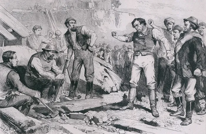Framed Print : Eight-hour strikers threatening non-strikers on a New York City construction site. Ca. 1870