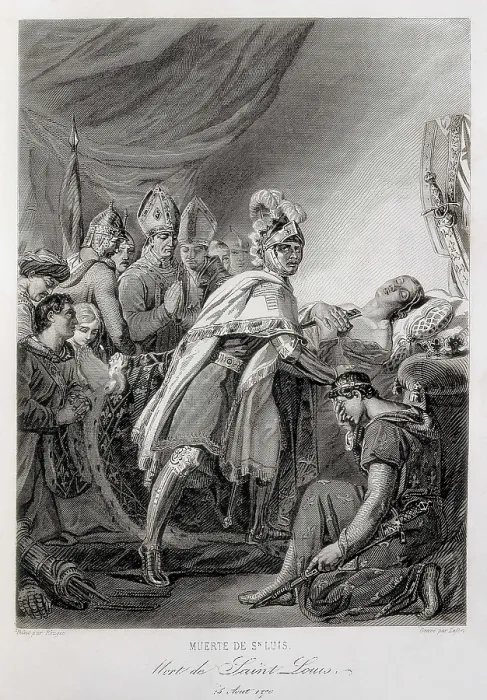 Framed Print : Eighth Crusade (1270). Deat of Saint Louis in front of Tunisia on 25th August, surrounded by French princes and the emissaries ef the Byzantine emperor Baldwin II