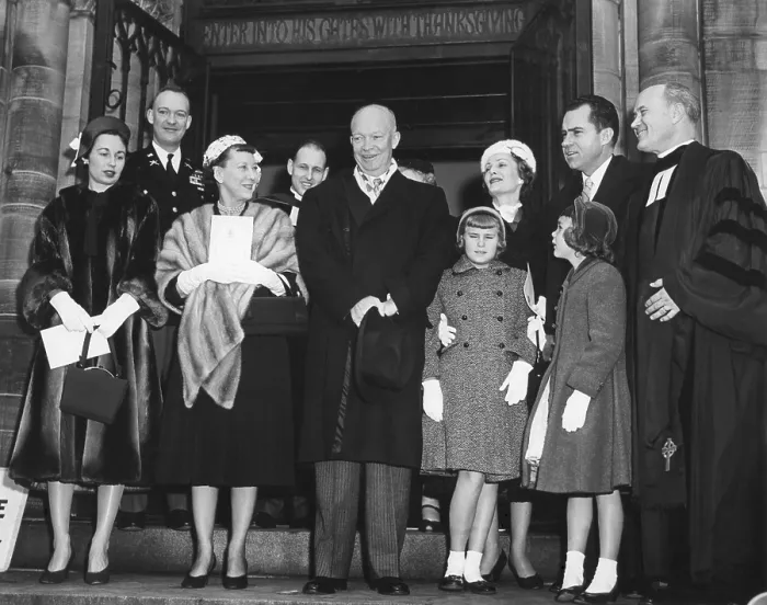 Framed Print : Eisenhower and Nixon families leaving the National Presbyterian Church on Inaugural morning. Jan. 20, 1957