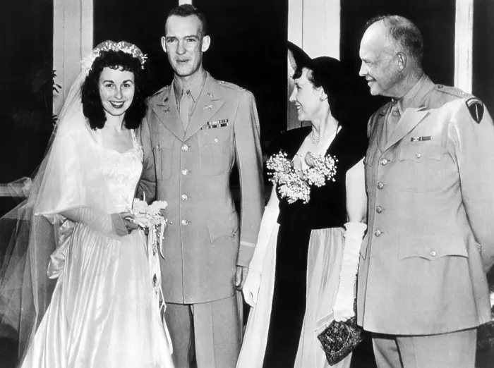 Framed Print : Eisenhower Wedding Reception. Capt. John Eisenhower and his new bride, the former Barbara Thompson, at the Hampton, Virginia, Beach Club with his parents, Gen