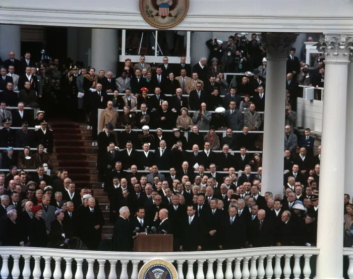 Framed Print : Eisenhower's second Inauguration. Chief Justice Earl Warren administering the oath of office to Dwight Eisenhower on the east portico of the Capitol. Jan. 21, 1957