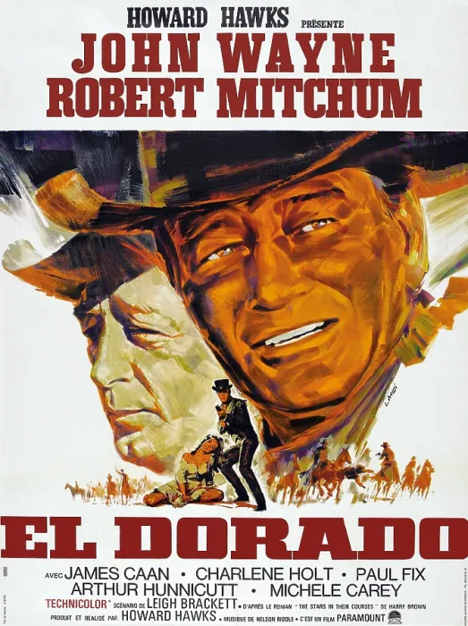 Framed Print : EL DORADO, l-r: Robert Mitchum, John Wayne on French poster art, 1966