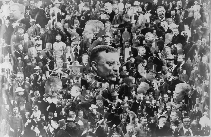 Framed Print : Elaborate 1908 photomontage constructed of hundreds of portraits and other photographs of Theodore Roosevelt engaged in various activities
