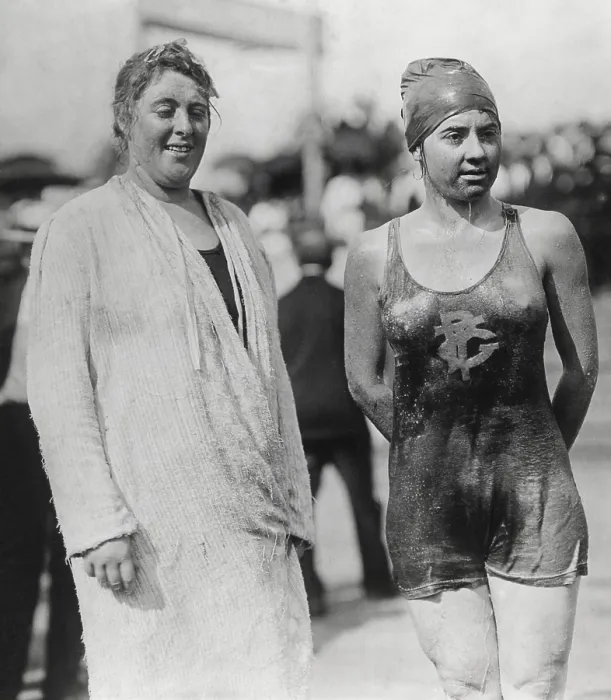 Framed Print : Elaine Golding, Louise S. Debus, after the Battery to Coney Island Swim on Aug. 23, 1914. Golding placed first, with time of 4 hours, 41 minutes