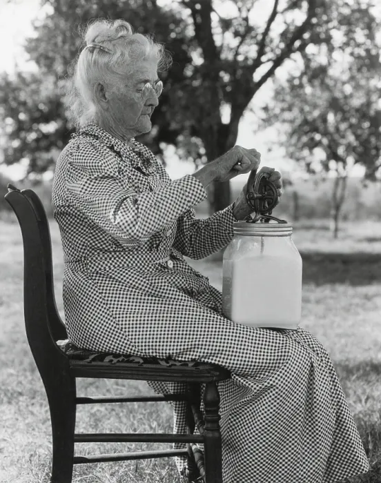 Framed Print : Elderly farm woman using a small glass butter churn. Oklahoma, July 1935. (BSLOC_2013_8_82)