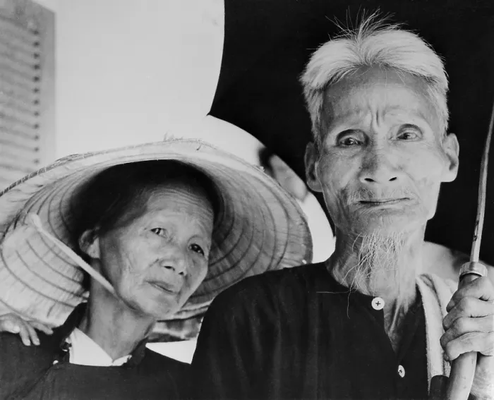 Framed Print : Elderly South Vietnamese refugees. Elderly couple in a US Marine Corps-sponsored refugee camp at Le My, Vietnam after they were evacuated from Viet Cong infiltrated areas. 1965