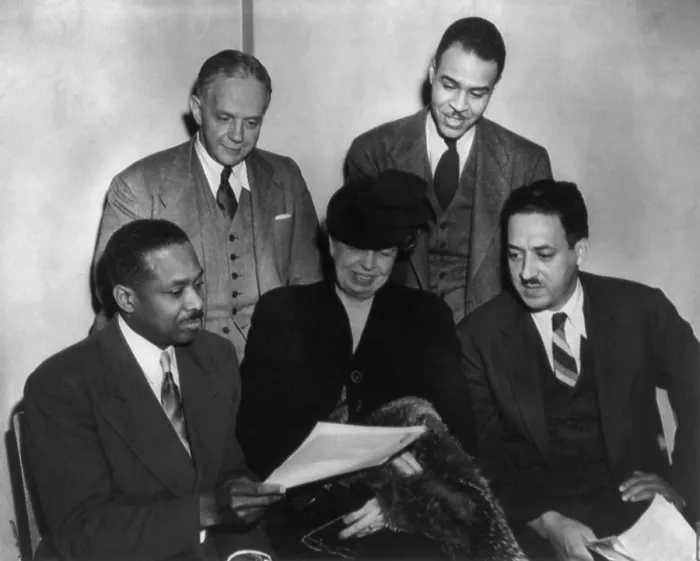 Framed Print : Eleanor Roosevelt with African American leaders in 1947. L-R: Dr. James McClendon, Walter White, Eleanor Roosevelt, Roy Wilkins, and Thurgood Marshall. (BSLOC_2013_7_14) Framed Print : Eleanor Roosevelt with African American leaders in 1947. L-R: Dr. James McClendon, Walter White, Eleanor Roosevelt, Roy Wilkins, and Thurgood Marshall. (BSLOC_2013_7_14)