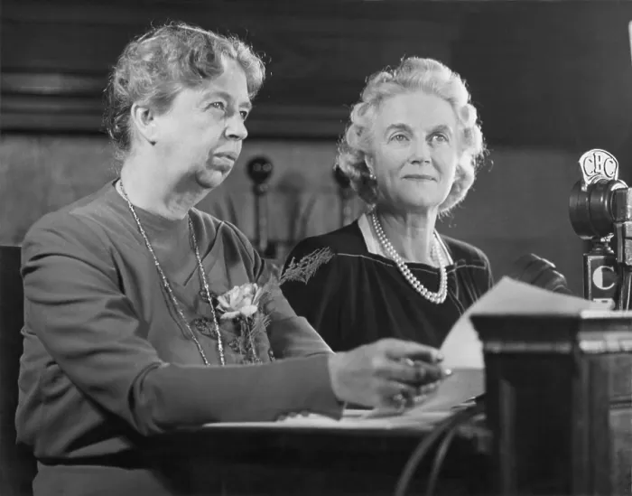 Framed Print : Eleanor Roosevelt and Clementine Churchill during a radio broadcast. Quebec. Sept. 1944