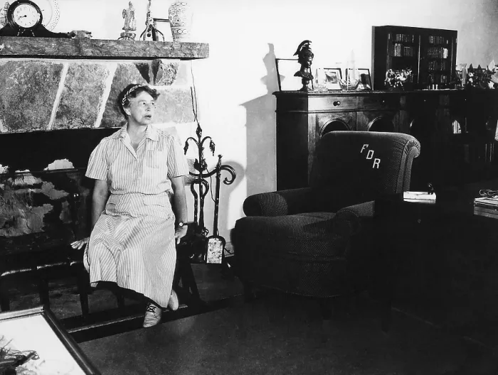 Framed Print : Eleanor Roosevelt at Top Cottage in Hyde Park, New York. 1942. It was a private retreat designed by and for Franklin Roosevelt, and provided wheelchair accessibility Framed Print : Eleanor Roosevelt at Top Cottage in Hyde Park, New York. 1942. It was a private retreat designed by and for Franklin Roosevelt, and provided wheelchair accessibility