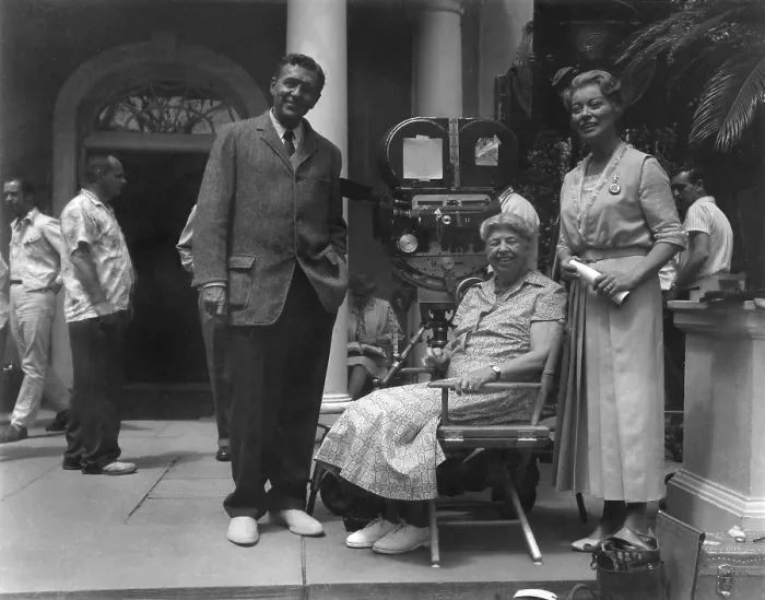 Framed Print : Eleanor Roosevelt at the filming of Sunrise at Campobello. 1960. She is flanked by actors Ralph Bellamy, and Greer Garson at the Roosevelt's Hyde Park estate