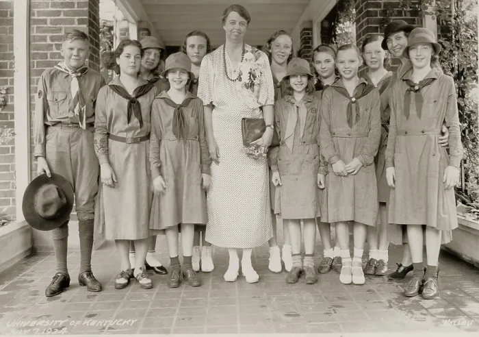 Framed Print : Eleanor Roosevelt with Girl Scouts of Lexington, Kentucky. 1934. A solitary Boy scout stands at left. (BSLOC_2013_5_210) Framed Print : Eleanor Roosevelt with Girl Scouts of Lexington, Kentucky. 1934. A solitary Boy scout stands at left. (BSLOC_2013_5_210)