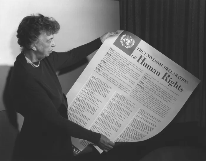 Framed Print : Eleanor Roosevelt holding United Nations Universal Declaration of Human Rights. 1949. She was chair of UN Human Rights Commission that produced the document. (BSLOC_2013_6_65)