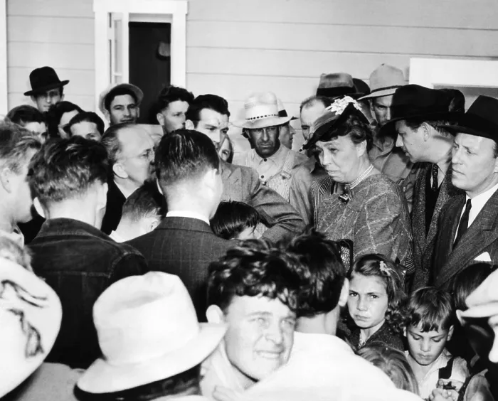Framed Print : Eleanor Roosevelt visiting migrant workers in at the FSA Farmersville Camp in California Framed Print : Eleanor Roosevelt visiting migrant workers in at the FSA Farmersville Camp in California