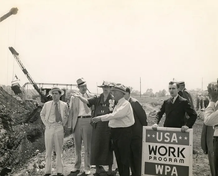 Framed Print : Eleanor Roosevelt at a WPA site in Des Moines Iowa. She visits a WPA Works Progress Administration project to convert a city dump into a water front park. June 8 1936