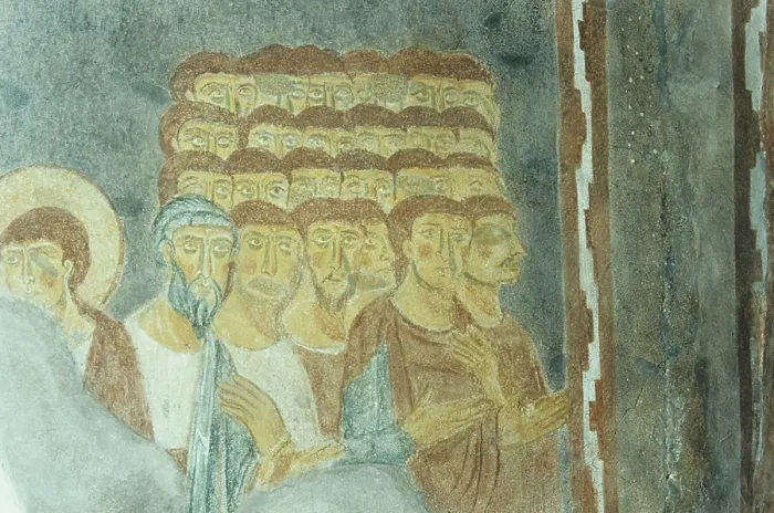 Framed Print : The Elected, by Unknown Artist, 13th century, fresco - Italy, Sardinia, Galtelli, Church of Saint Peter. Detail. A crowd of characters arranged in four rows