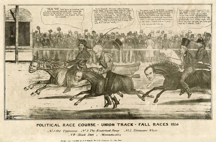 Framed Print : Election of 1836. Political cartoon of the 1836 presidential election as race between four candidate horses jockeyed by their political constituency Framed Print : Election of 1836. Political cartoon of the 1836 presidential election as race between four candidate horses jockeyed by their political constituency