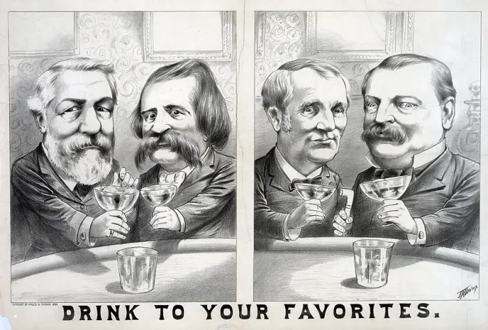 Framed Print : Election of 1884. James G. Blaine and John A. Logan toasting each other, and of Grover Cleveland and Thomas A. Hendricks toasting each other